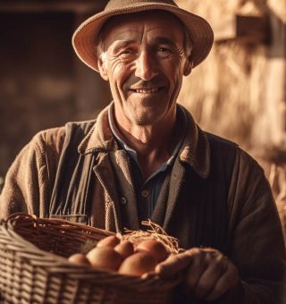 Homem idoso na roça com cesto de ovos na ão