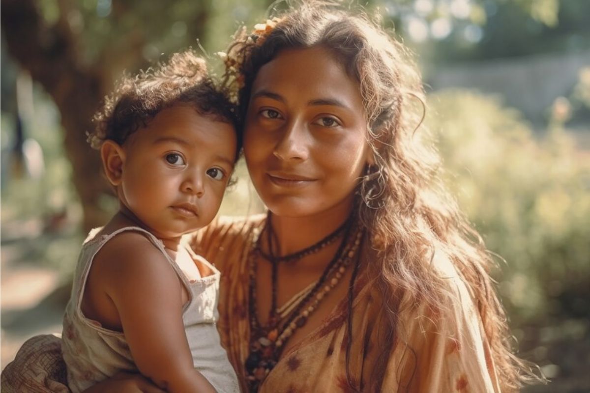 Uma mãe está com sua filha no colo, ambas recebem o Auxílio Brasil 2024
